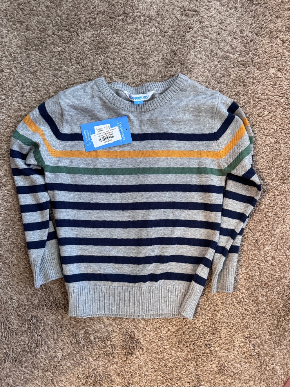 RuggedButts NWT Boys' Gray Stripe Sweater with Navy, Green & Yellow Accent